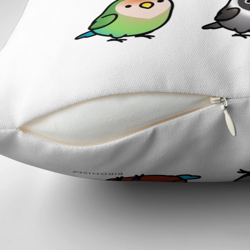 Soft and cuddly pillow featuring two chubby lovebirds in a natural setting