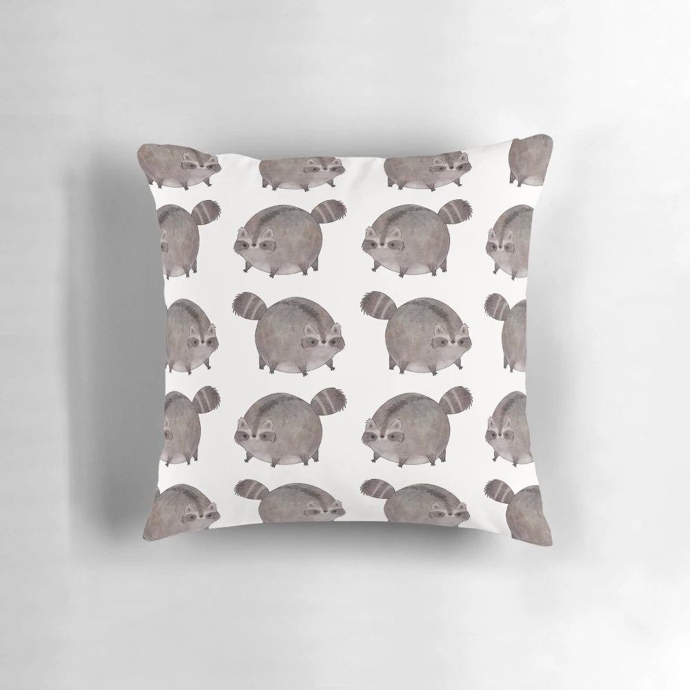 Plush pillow featuring an adorable chubby trash panda or raccoon design