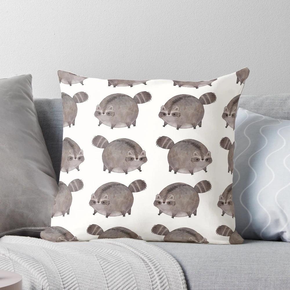 Plush pillow featuring an adorable chubby trash panda or raccoon design