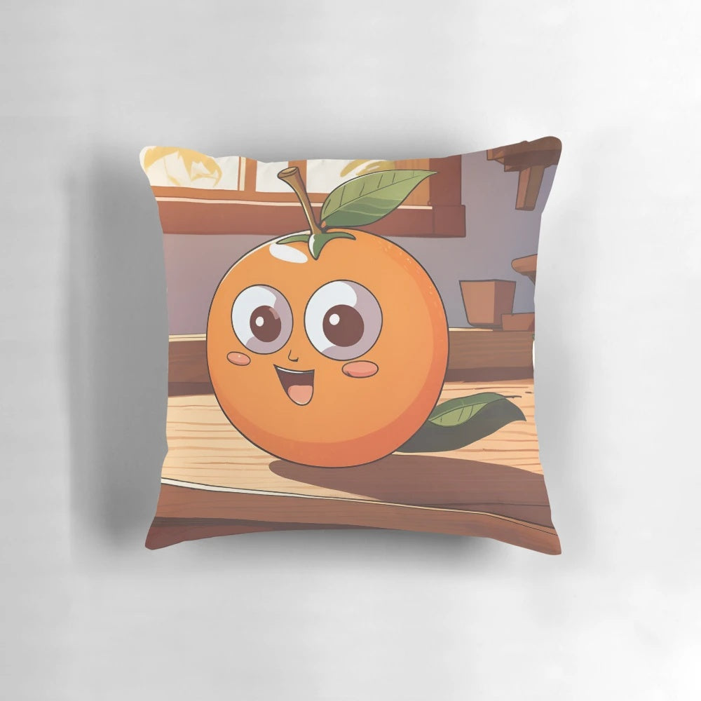 Soft and plush orange pillow with a cute design, perfect for adding a touch of fruity style to your home.