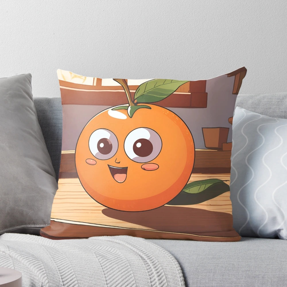 Soft and plush orange pillow with a cute design, perfect for adding a touch of fruity style to your home.