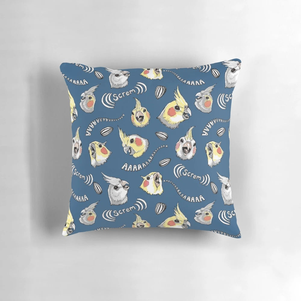 Soft and cuddly cockatiel pillow featuring a hilarious screaming bird design