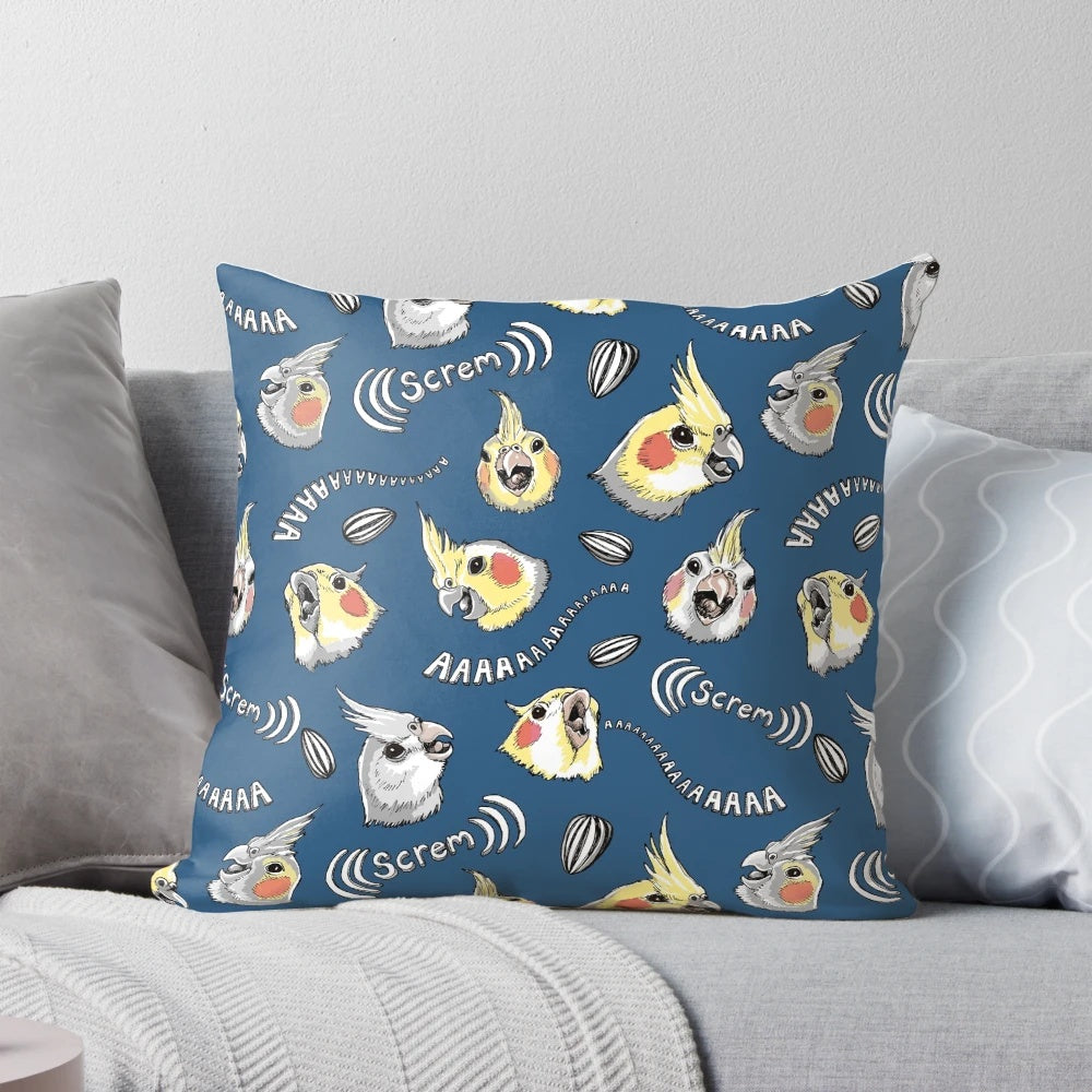 Soft and cuddly cockatiel pillow featuring a hilarious screaming bird design