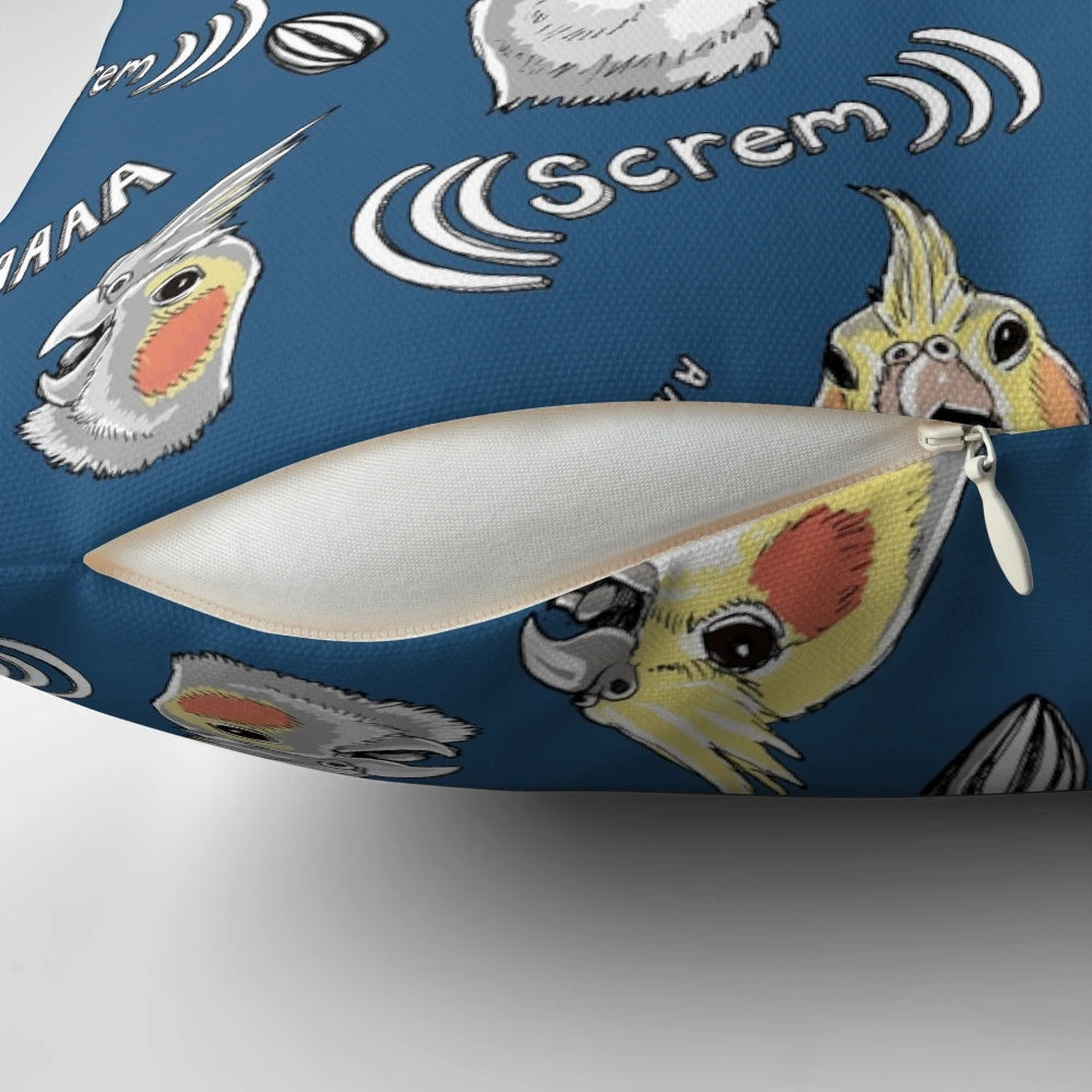 Soft and cuddly cockatiel pillow featuring a hilarious screaming bird design