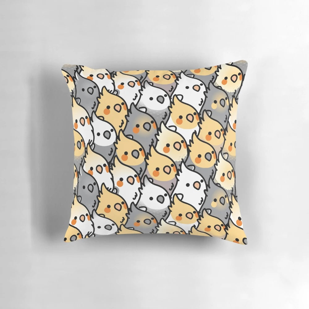 Chubby cockatiel pattern printed on a soft, plush pillow