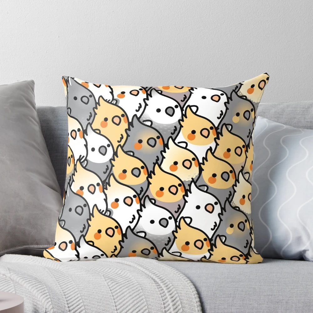 Chubby cockatiel pattern printed on a soft, plush pillow