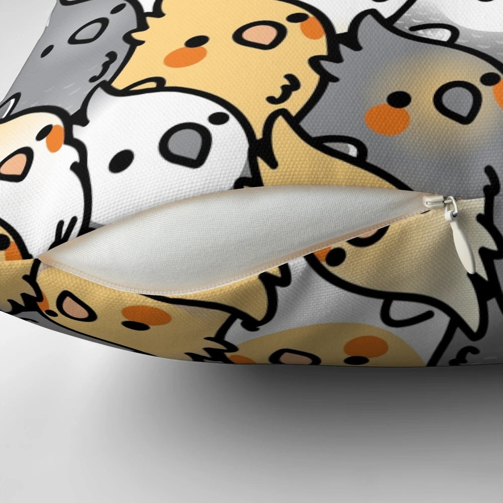 Chubby cockatiel pattern printed on a soft, plush pillow