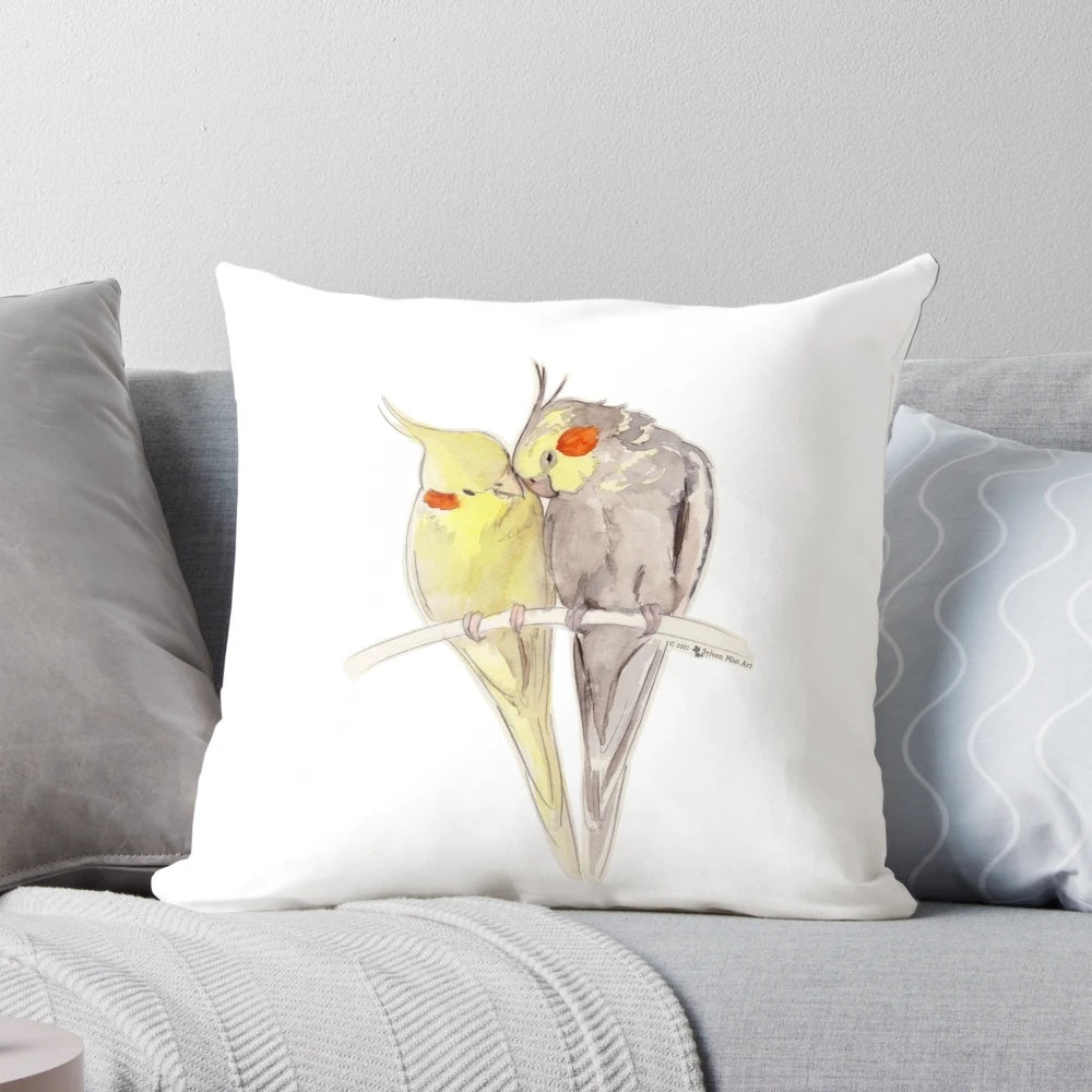 Soft, plush pillow featuring a whimsical watercolor design of a cute cockatiel