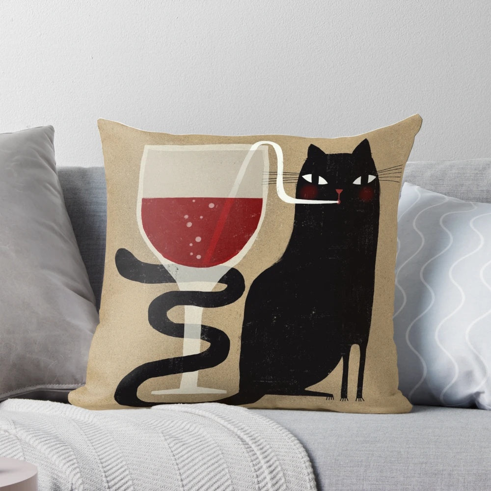 Cocktail Cat Pillow with Charming Black Cat and Wine Glass Design