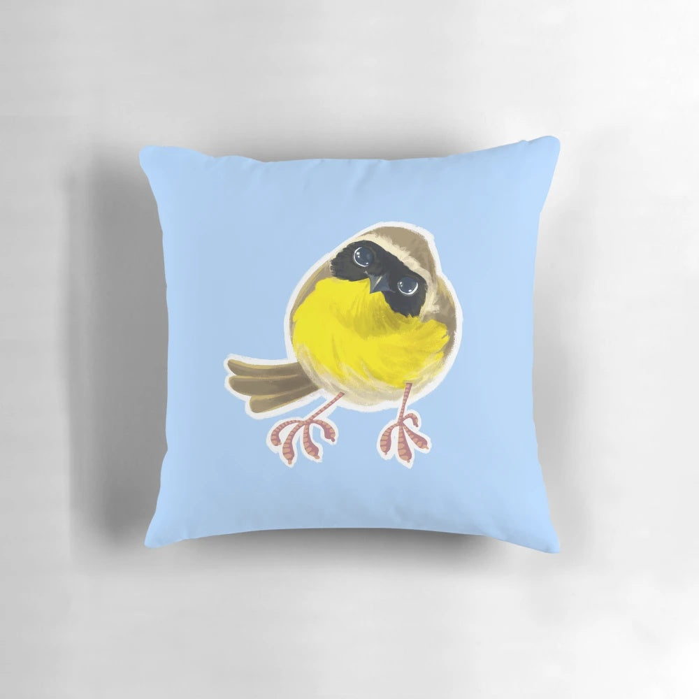 Colorful cartoon illustration of a friendly Common Yellowthroat bird on a soft, plush pillow