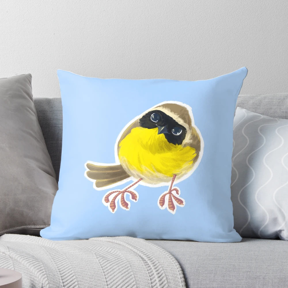 Colorful cartoon illustration of a friendly Common Yellowthroat bird on a soft, plush pillow