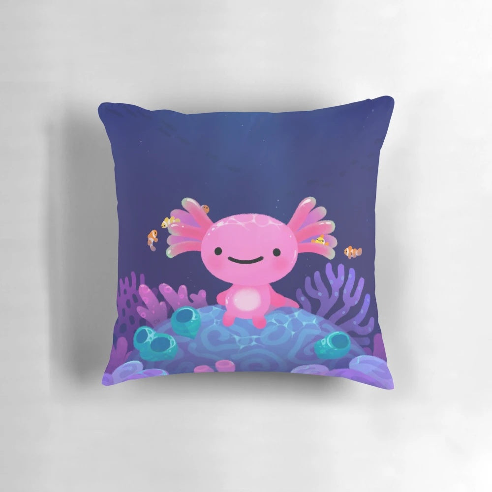 Colorful coral axolotl plush pillow with a cute, whimsical design