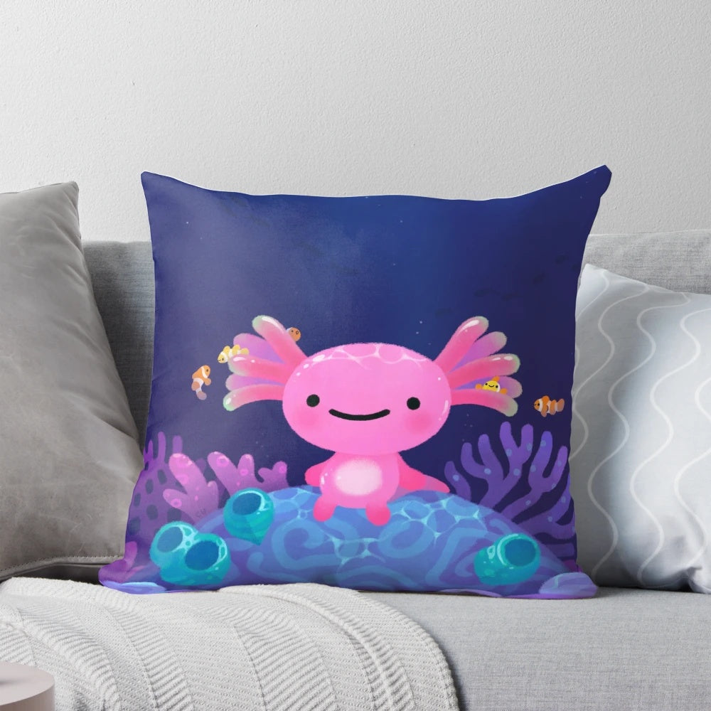 Colorful coral axolotl plush pillow with a cute, whimsical design