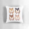 A plush, decorative pillow featuring the adorable backside of a corgi dog.