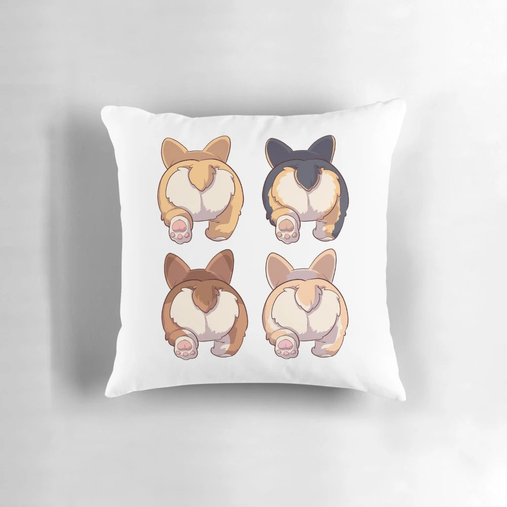 A plush, decorative pillow featuring the adorable backside of a corgi dog.