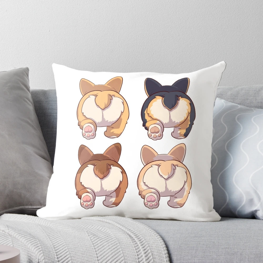 A plush, decorative pillow featuring the adorable backside of a corgi dog.