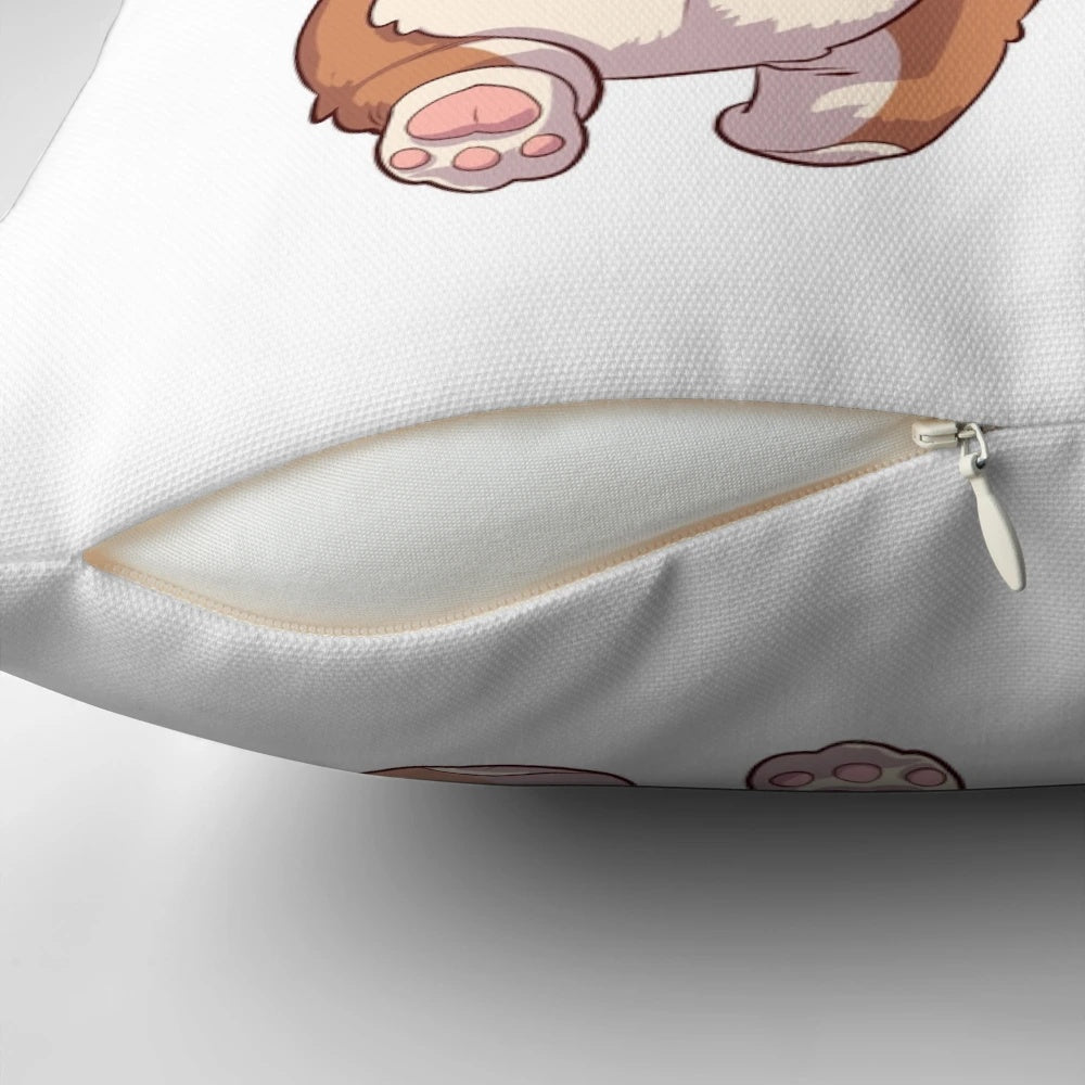 A plush, decorative pillow featuring the adorable backside of a corgi dog.