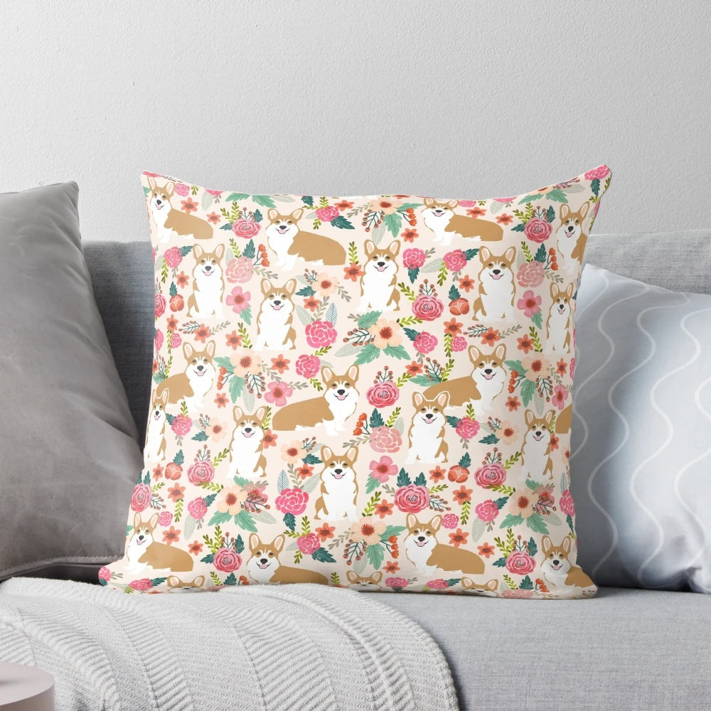 Vibrant floral pattern with a cute corgi dog on a plush pillow