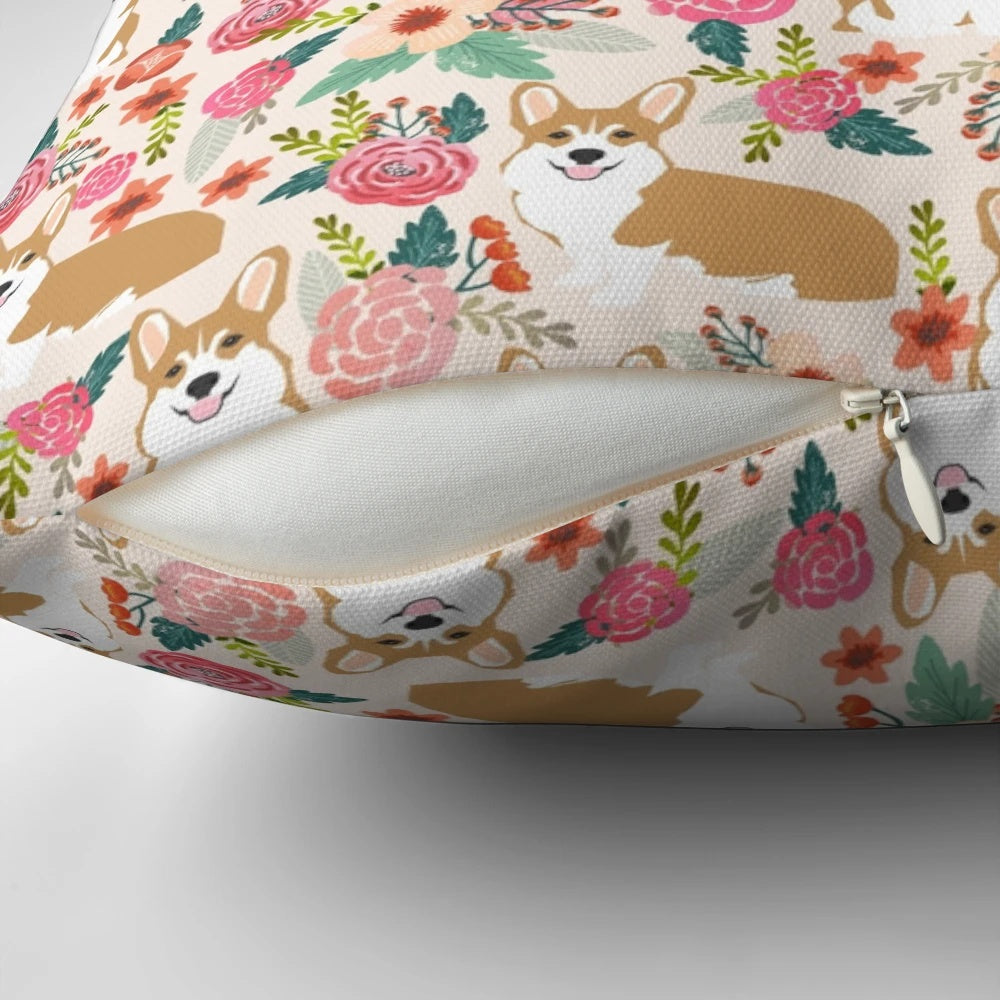 Vibrant floral pattern with a cute corgi dog on a plush pillow