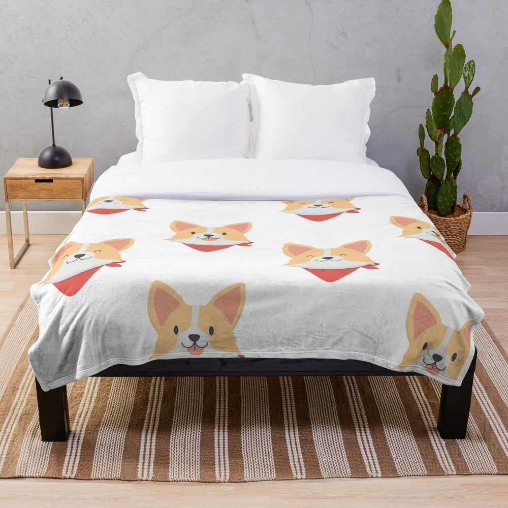 Soft and cozy plush blanket with adorable corgi dog pattern