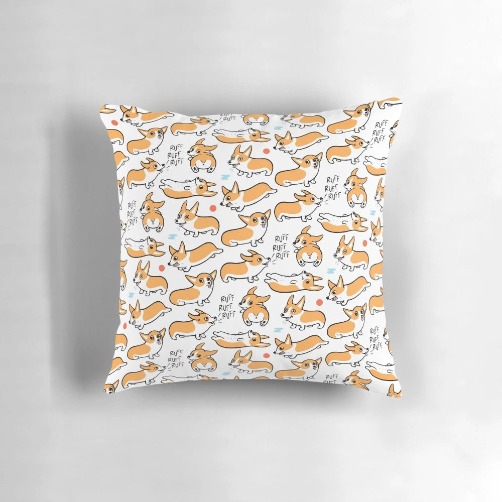 Cutie Corgis Pillow, featuring a charming pattern of playful corgis