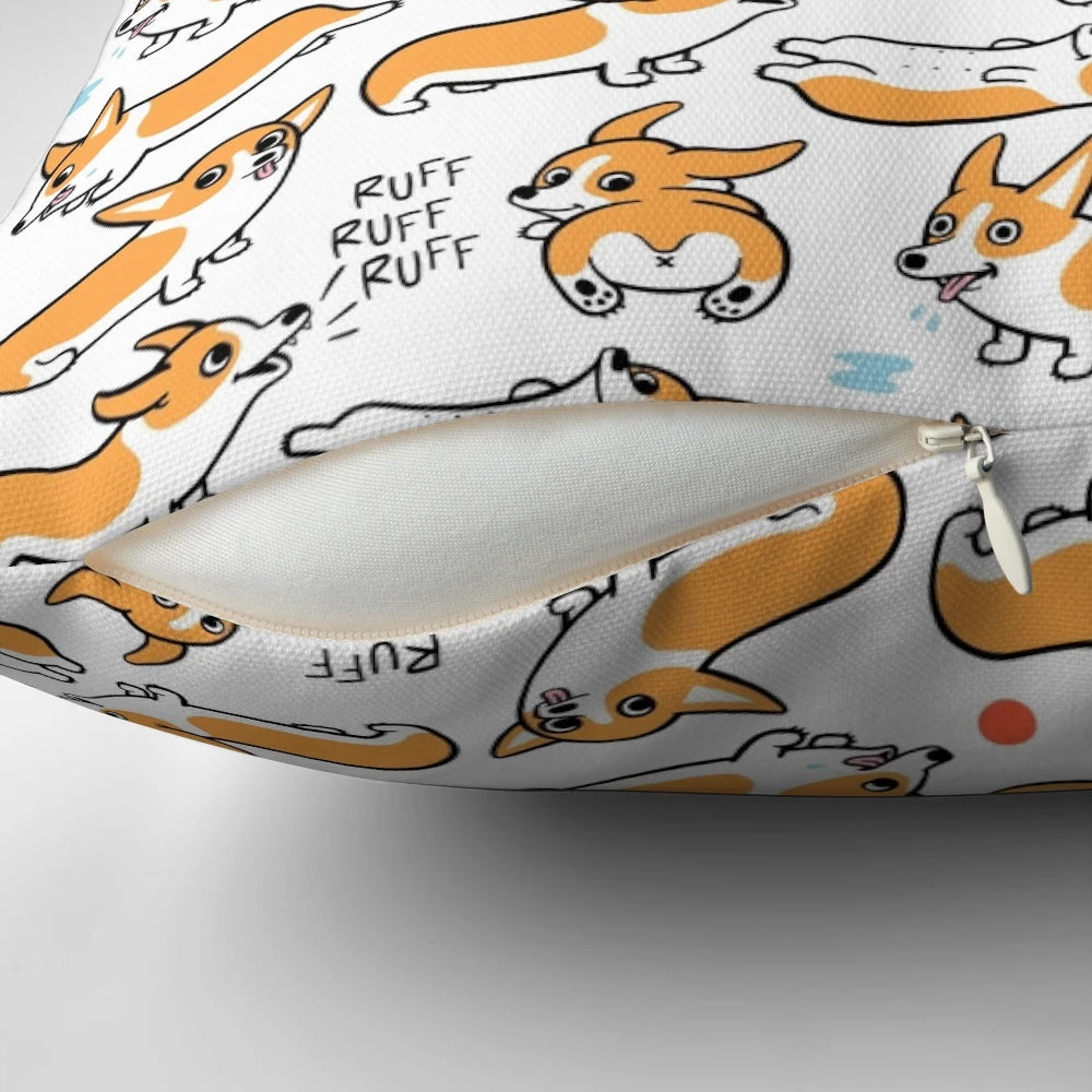 Cutie Corgis Pillow, featuring a charming pattern of playful corgis