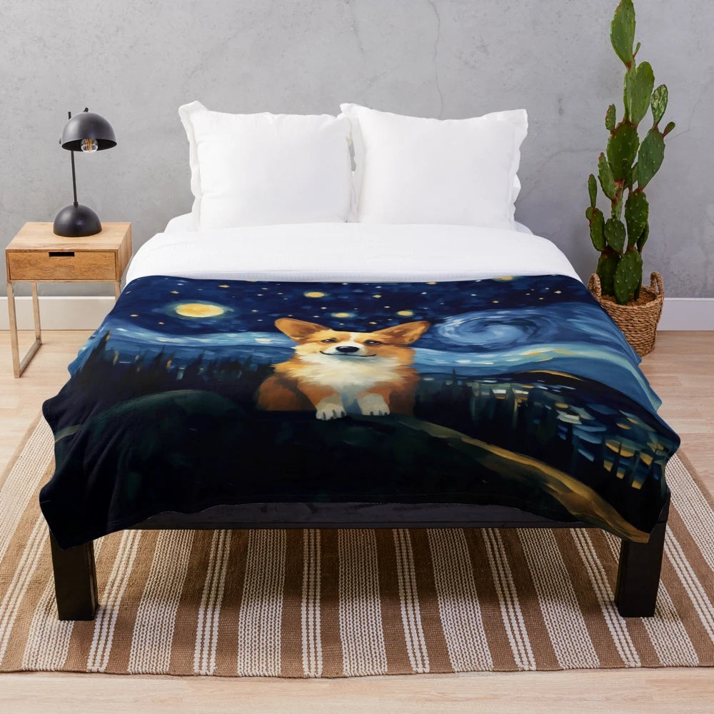 A Corgi Starry Night Plush Blanket featuring a cute corgi in a starry night design