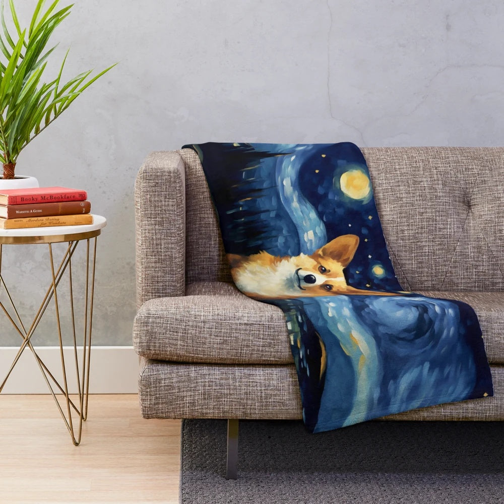 A Corgi Starry Night Plush Blanket featuring a cute corgi in a starry night design