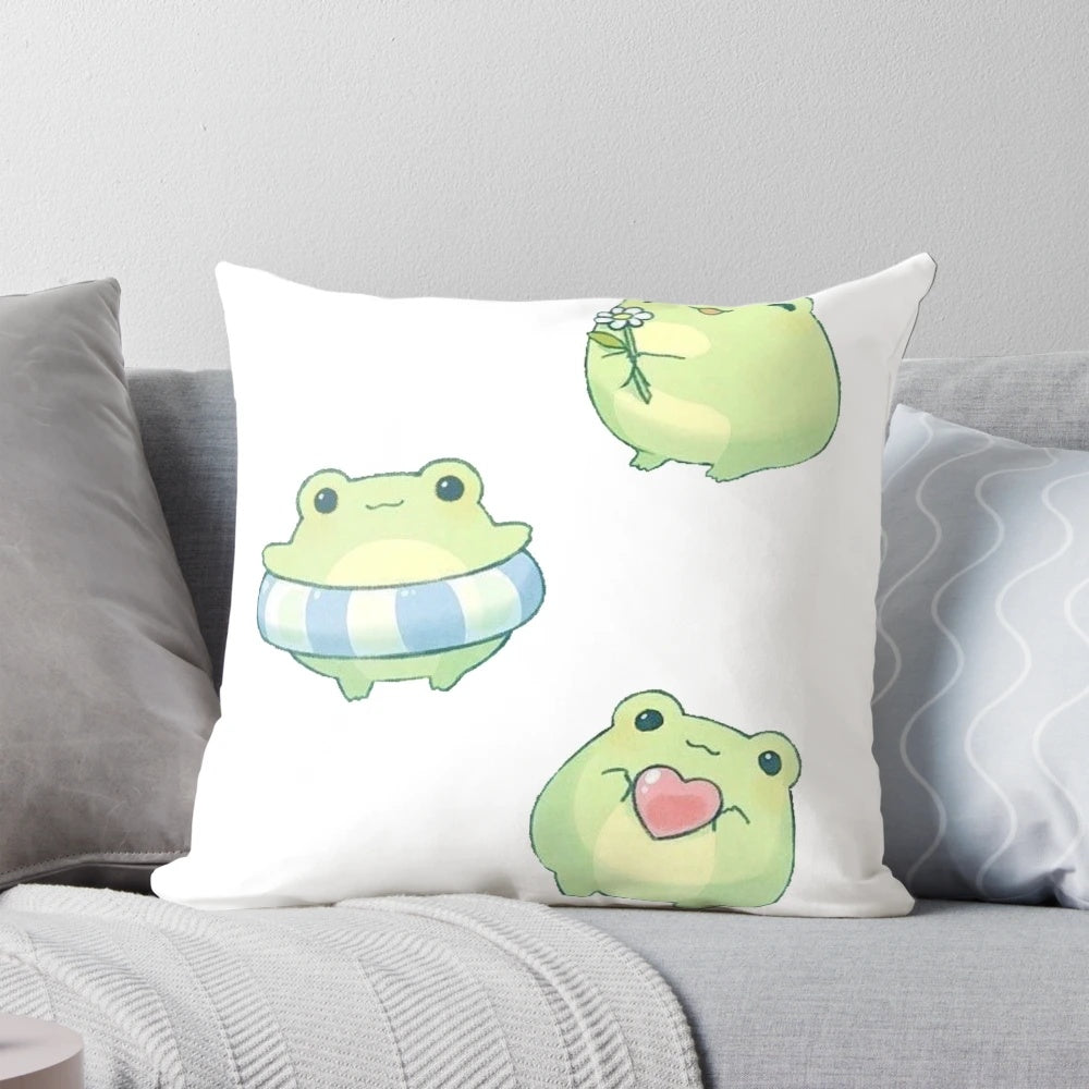 Cute plush frog pillow with a pastel cottagecore design, featuring a chubby cartoon frog, flowers, and hearts.