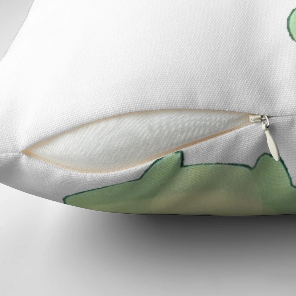 Cute plush frog pillow with a pastel cottagecore design, featuring a chubby cartoon frog, flowers, and hearts.