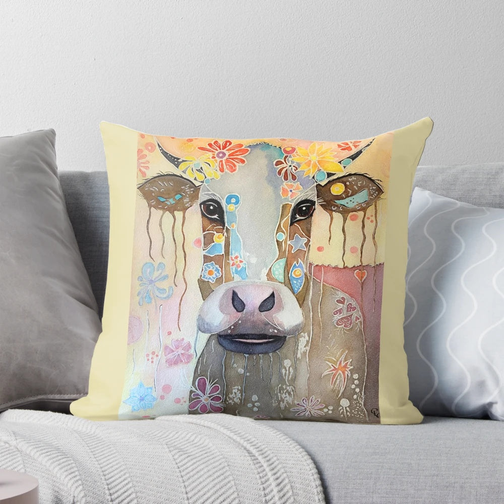 Flower Cow Auntie Pillow, a soft and charming décor piece featuring a cow design with beautiful flowers.