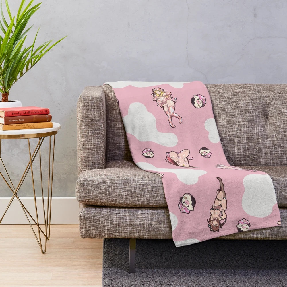 Soft and cuddly plush blanket featuring a cute cow design for anime enthusiasts