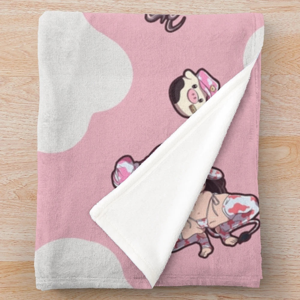 Soft and cuddly plush blanket featuring a cute cow design for anime enthusiasts