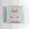 Soft and cozy cowboy cat pillow featuring a gray tabby cat in a Western-inspired outfit