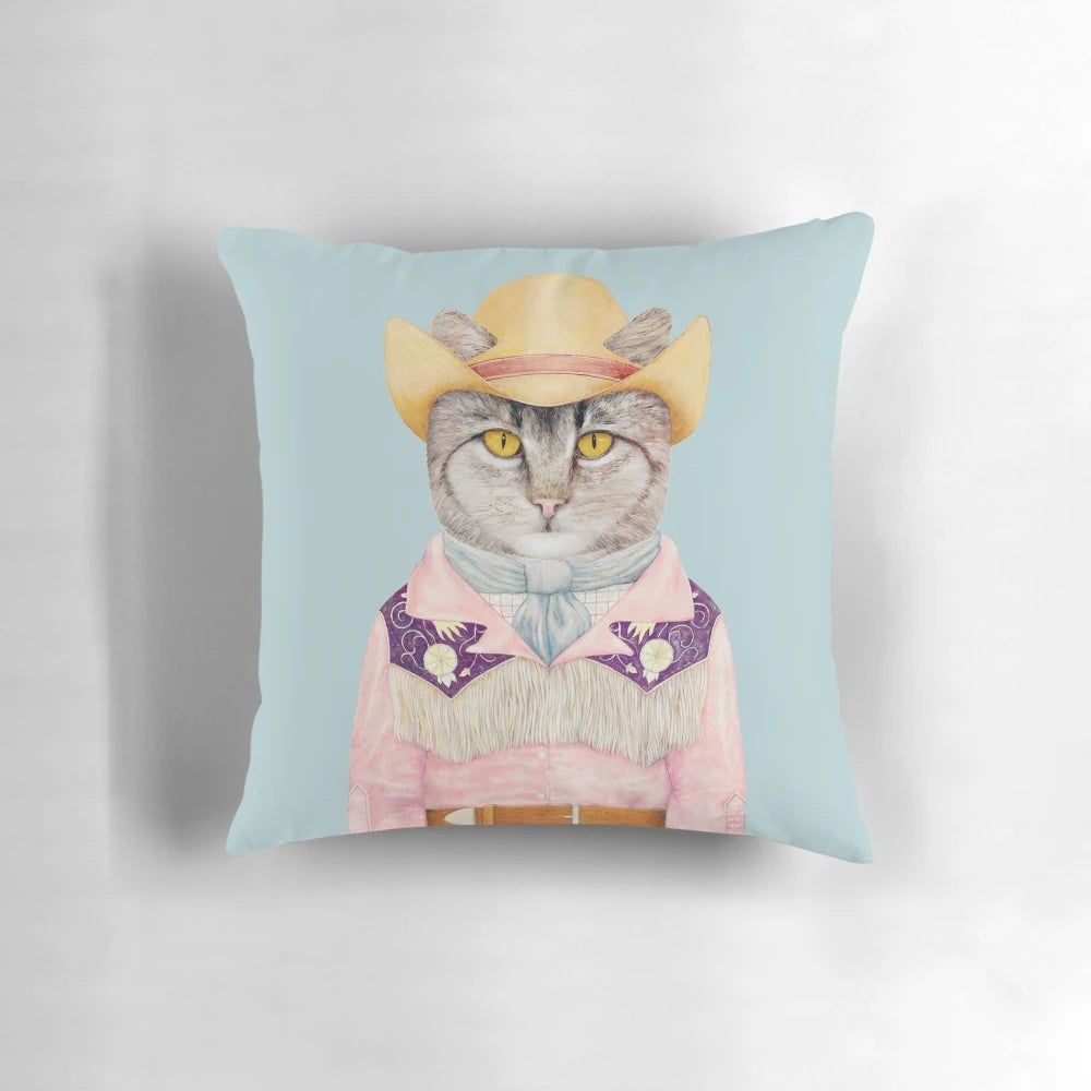 Soft and cozy cowboy cat pillow featuring a gray tabby cat in a Western-inspired outfit