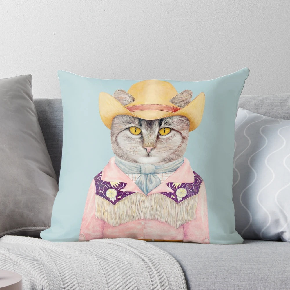 Soft and cozy cowboy cat pillow featuring a gray tabby cat in a Western-inspired outfit