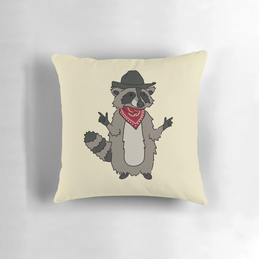 Plush Pillow Featuring a Raccoon Wearing a Cowboy Hat