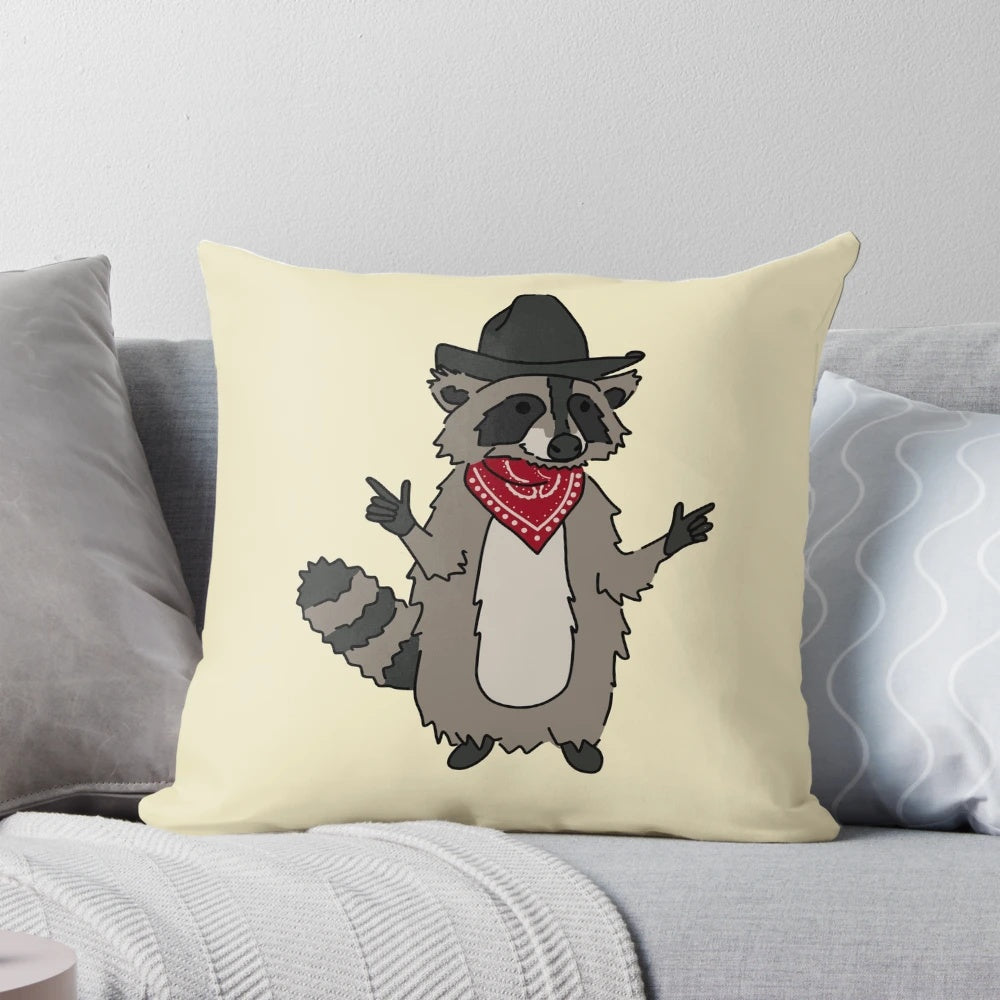 Plush Pillow Featuring a Raccoon Wearing a Cowboy Hat