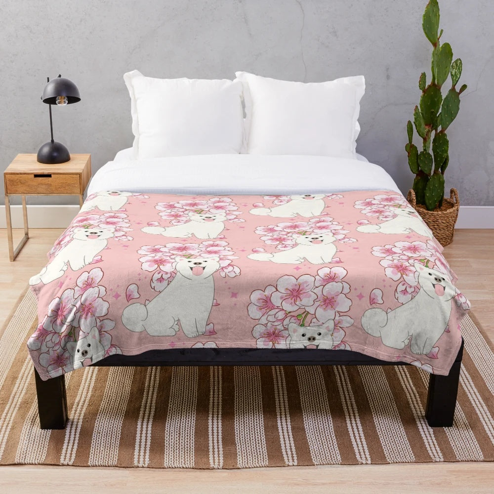 Cream colored Shiba Inu dog breed plush blanket with Japanese cherry blossom design