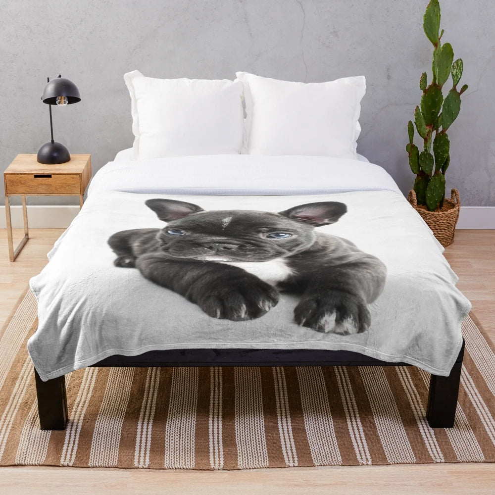 Soft and Cozy Plush Blanket Featuring a Cute French Bulldog Puppy Design