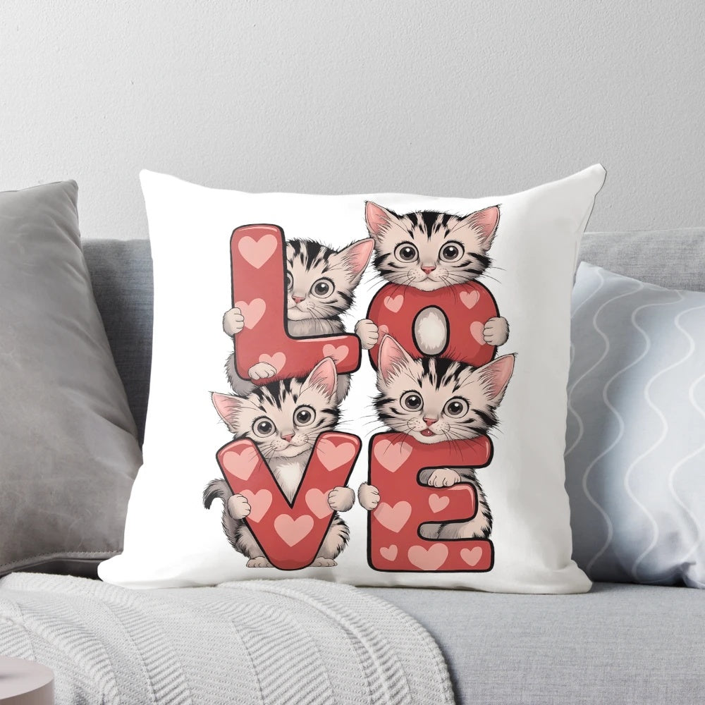 A cozy and cute cat-themed pillow, perfect for Valentine's Day gifts.