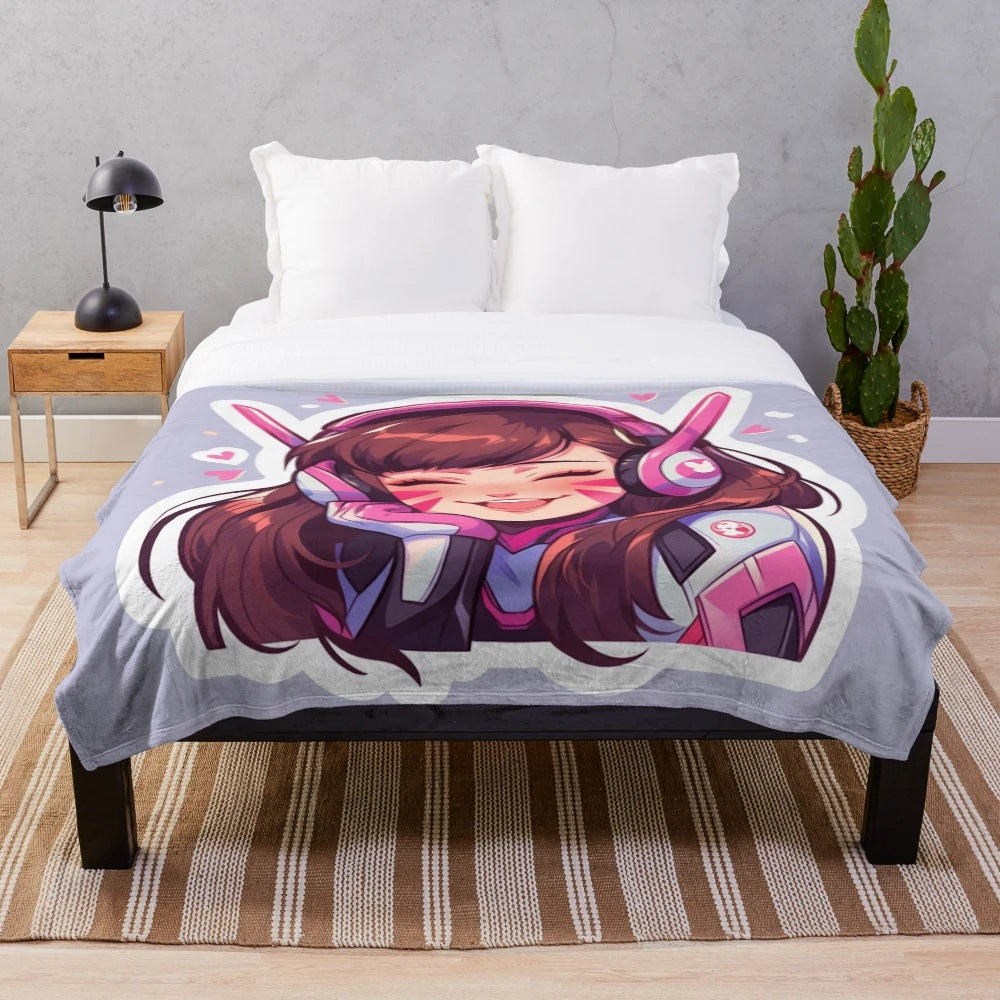Cute D.Va inspired plush blanket with chibi-style artwork, perfect for gamers and anime fans.