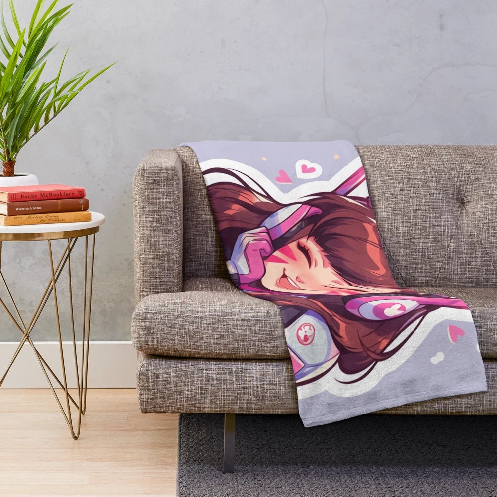 Cute D.Va inspired plush blanket with chibi-style artwork, perfect for gamers and anime fans.