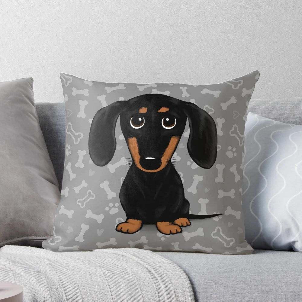 Soft, plush pillow featuring a cute cartoon dachshund design
