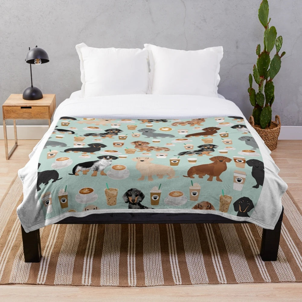 Cute dachshund dog cartoon design on a plush blanket