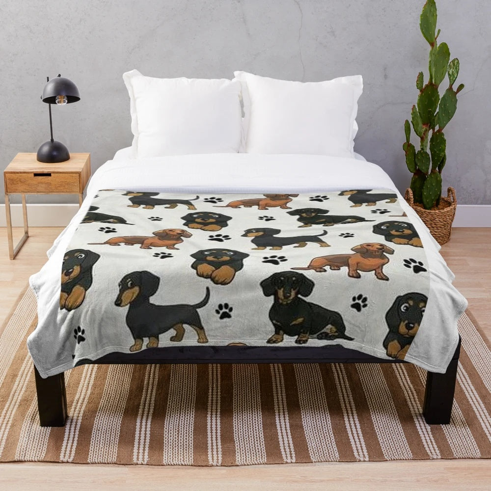 Dachshund dog cartoon print on a plush, cozy blanket