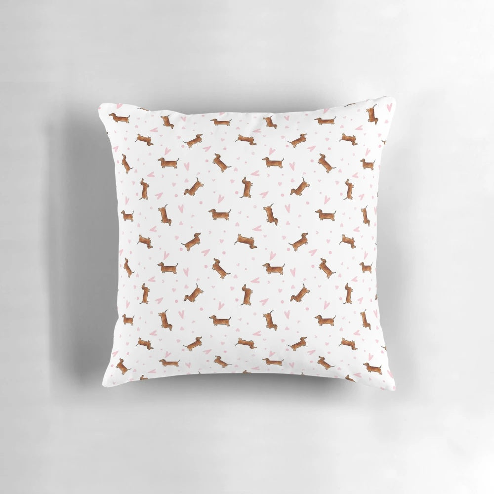 White Pillow with Dachshund and Heart Pattern Design