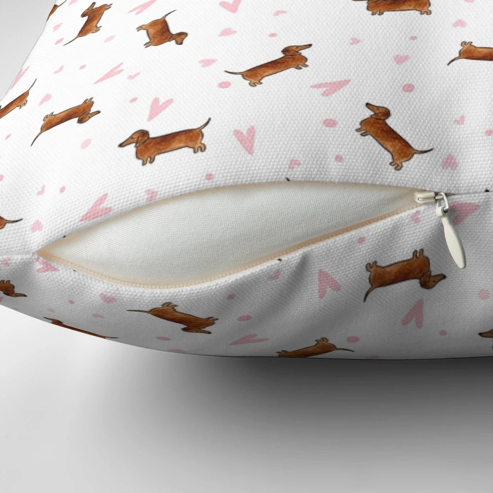 White Pillow with Dachshund and Heart Pattern Design