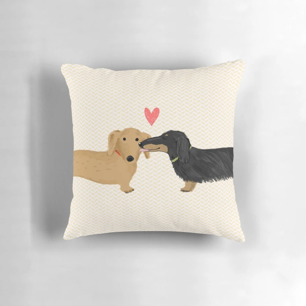Dachshund love hearts pillow with cute wiener dog design