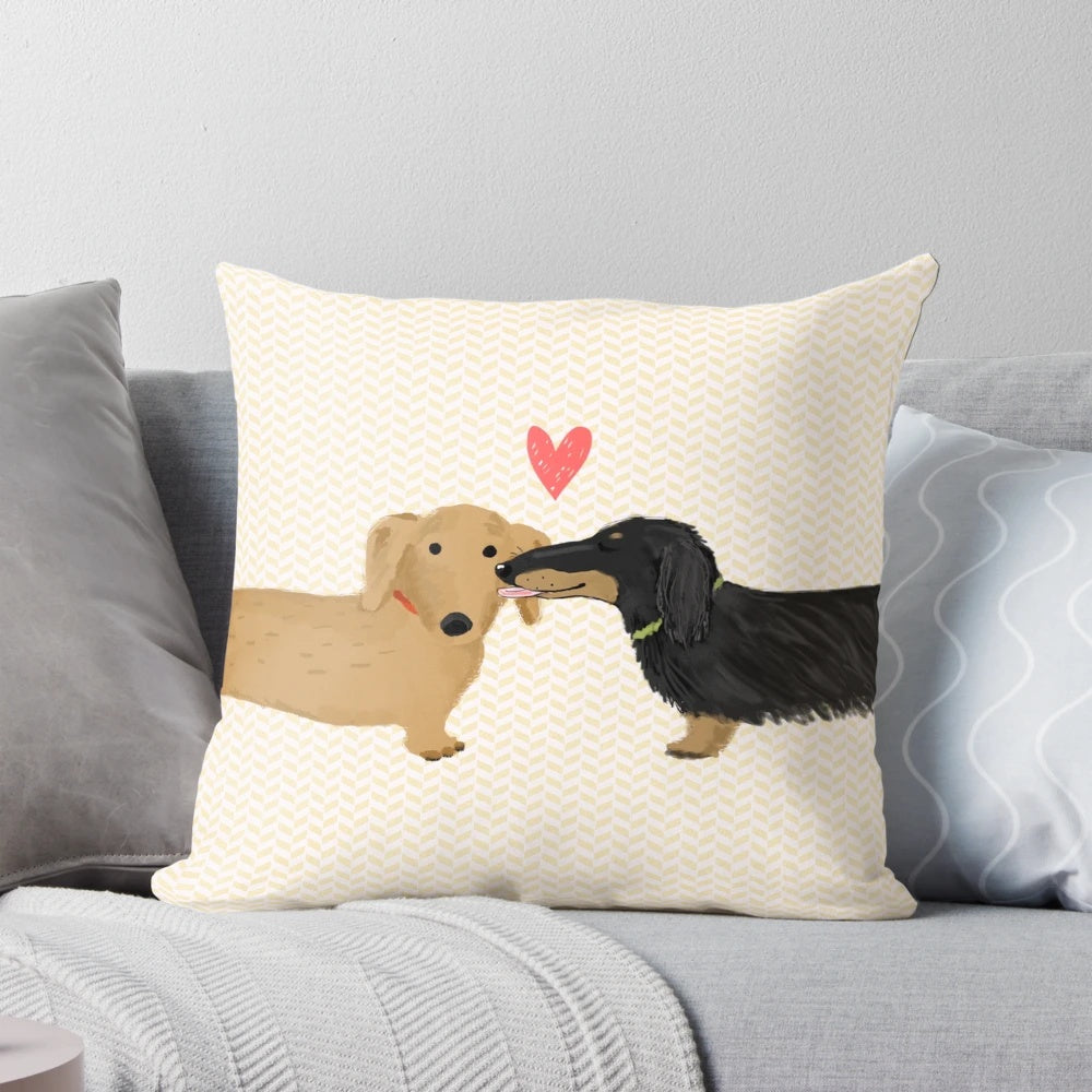 Dachshund love hearts pillow with cute wiener dog design